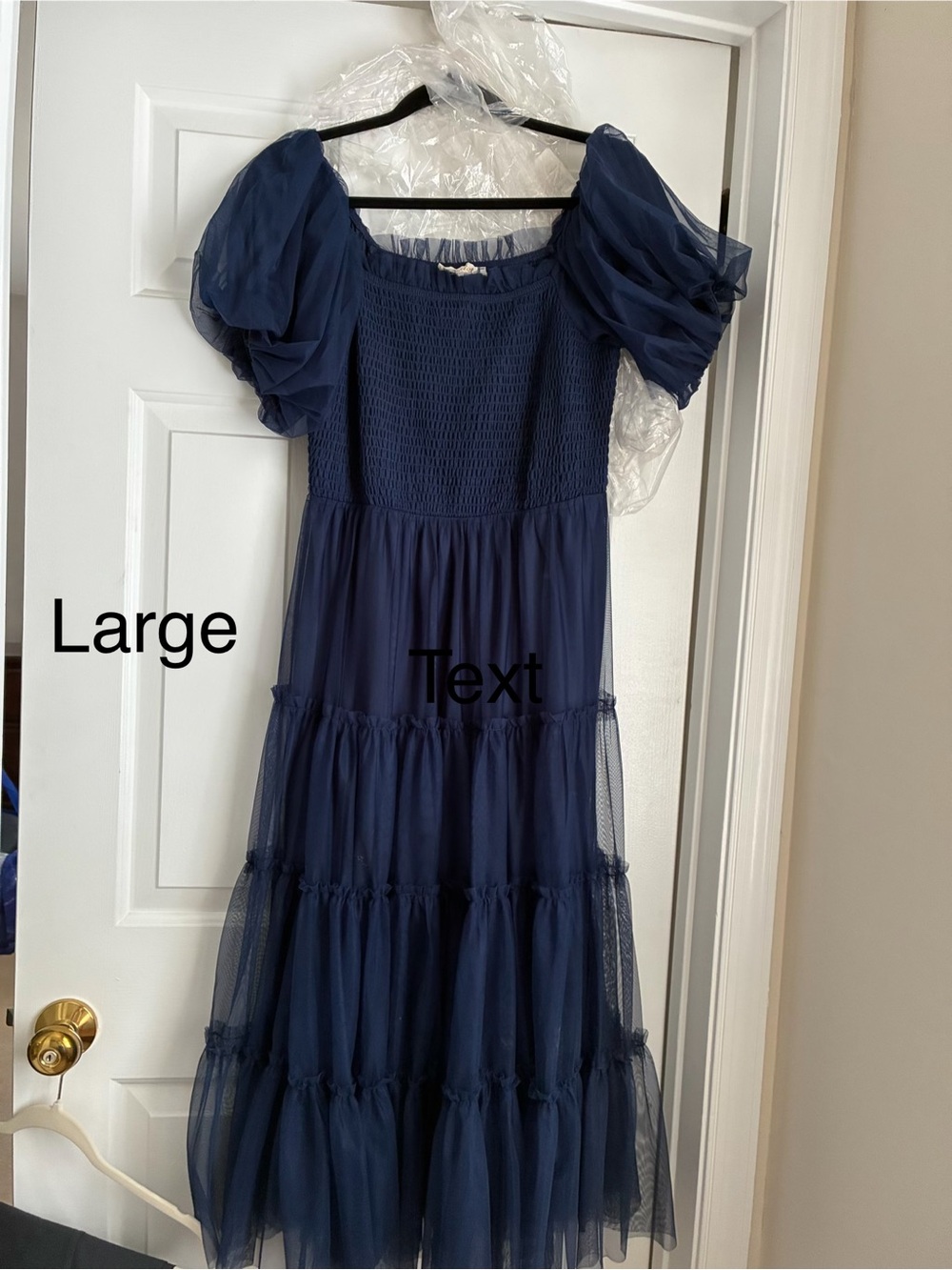 Navy Puff-Sleeve Midi Dress with Tiered Tulle